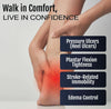 Human foot held by hand highlighting red area on heel, with text listing pressure ulcers, plantar flexion tightness,.