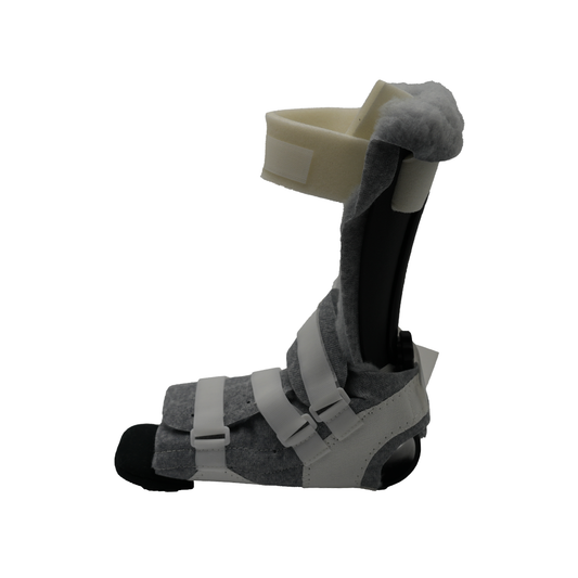 RCAI Multi Podus Orthosis in gray and black with adjustable white straps and cushioned support, designed for foot and ankle.