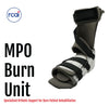 Black orthopedic MPO Burn Unit brace with adjustable straps and cushioned sole, designed for burn patient rehabilitation,.