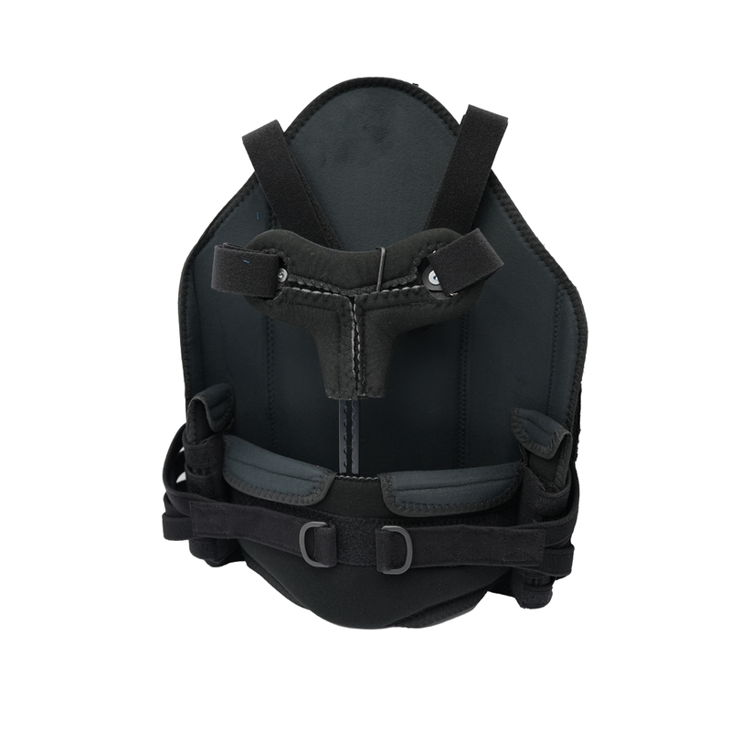 Black RCAI TLSO orthopedic back brace with adjustable padded straps and secure hook-and-loop fasteners, made in the USA,.