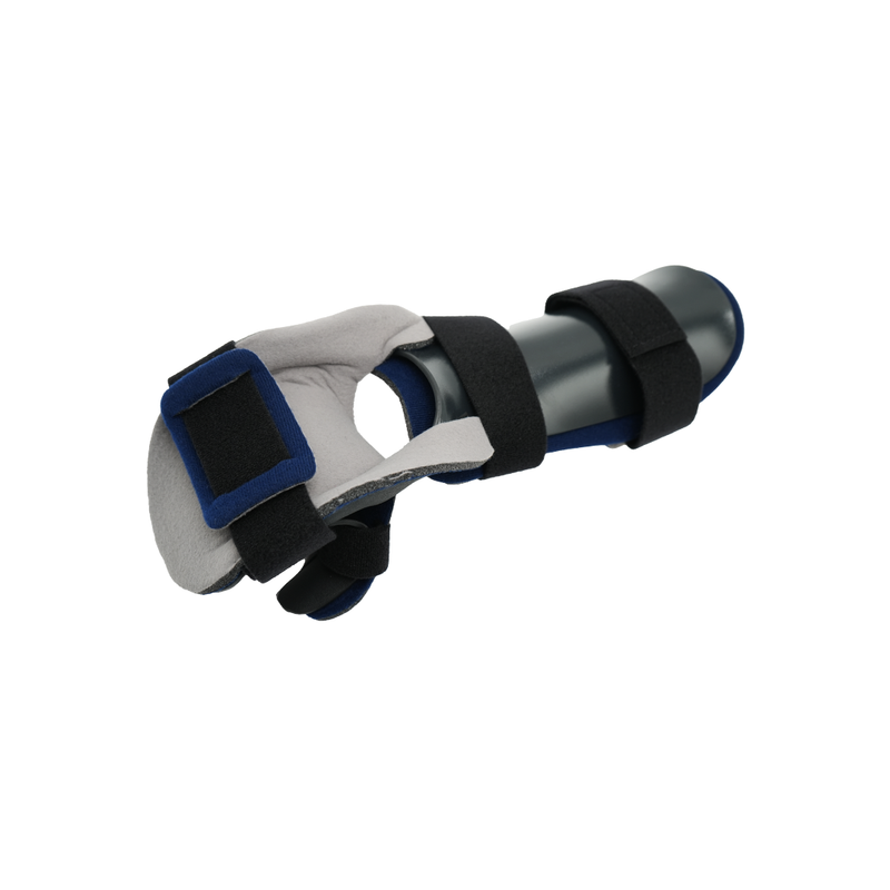 Dorsal resting hand orthosis in gray and black with adjustable black straps and blue accents, designed for optimal hand and.