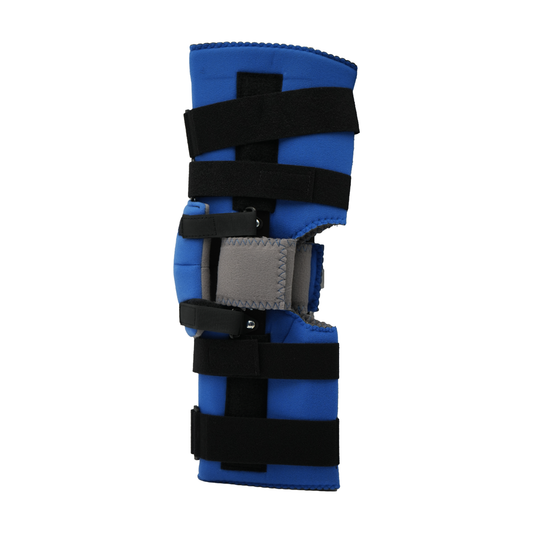 Blue and black Flex Cuff Knee brace with adjustable straps, open patella design, made in the USA, best orthopaedic braces,.