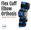 Blue and black adjustable Flex Cuff elbow orthosis with padded support and multiple straps, lightweight design, made in the.