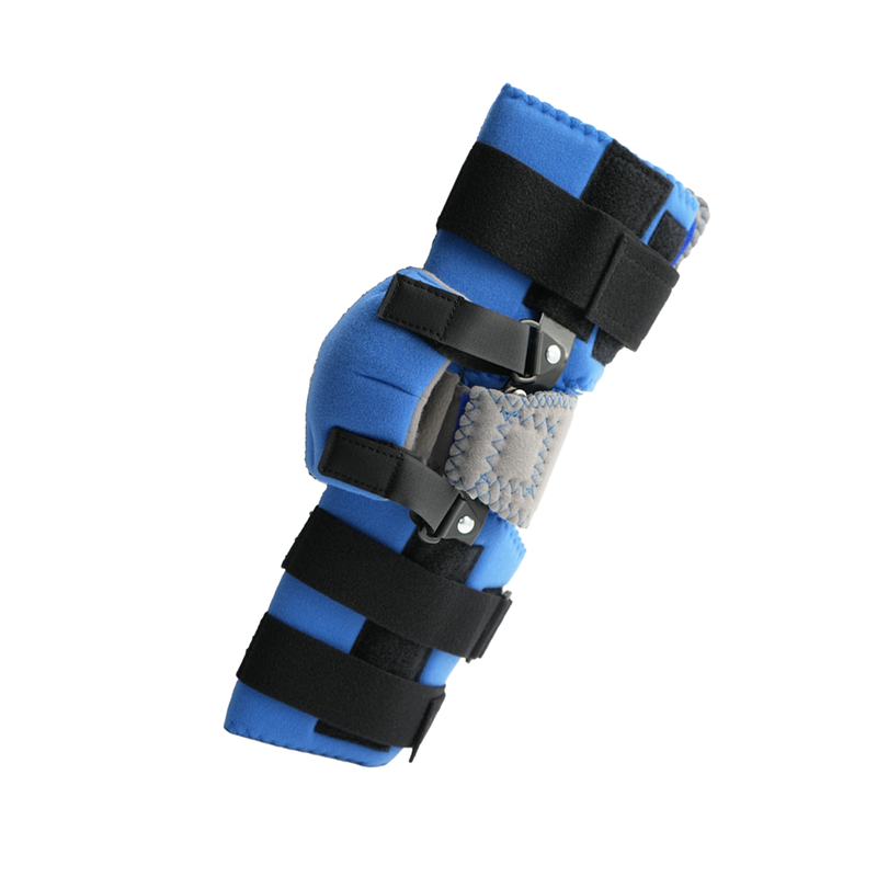 Blue Flex Cuff elbow orthosis with black adjustable straps, metal hinges, and breathable padding, made in the USA, offered.