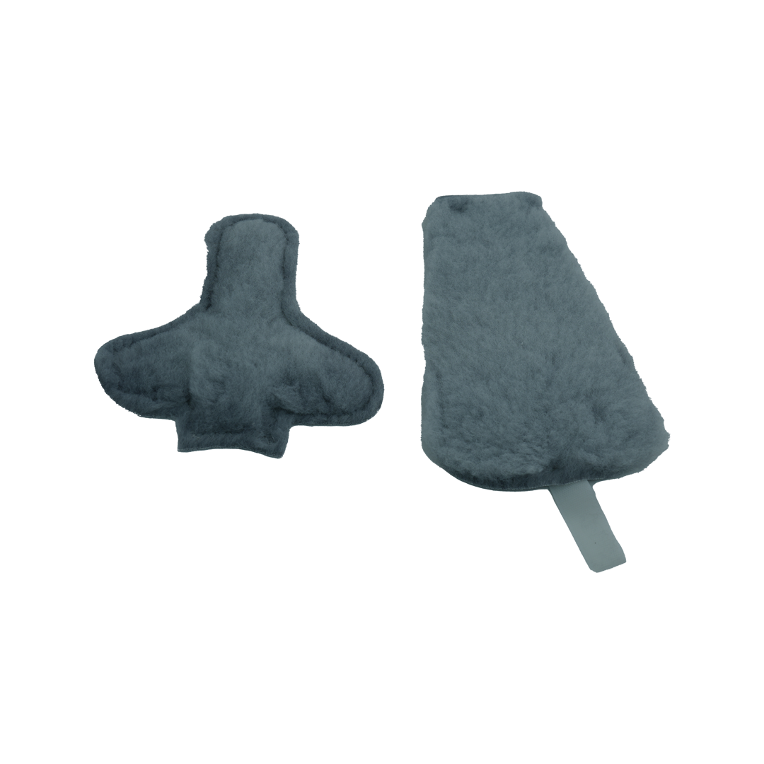 Two gray padded orthopedic brace accessories from the MPO Phase II Accessory Kit, one small cross-shaped piece and one.