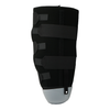 Black below knee amputee rigid dressing protector with multiple adjustable Velcro straps and reinforced gray toe cap,.