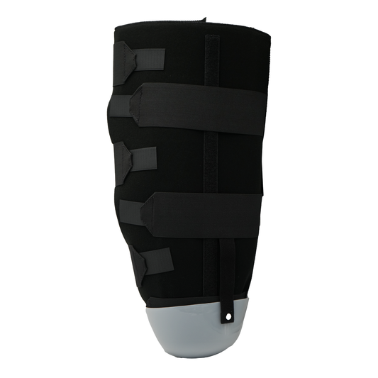 Black below knee amputee rigid dressing protector with four adjustable straps and a gray molded end, made in the USA, RCAI,.