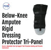 Black rigid below-knee amputee dressing protector with tri-panel design, adjustable straps, and reinforced base, made in the .