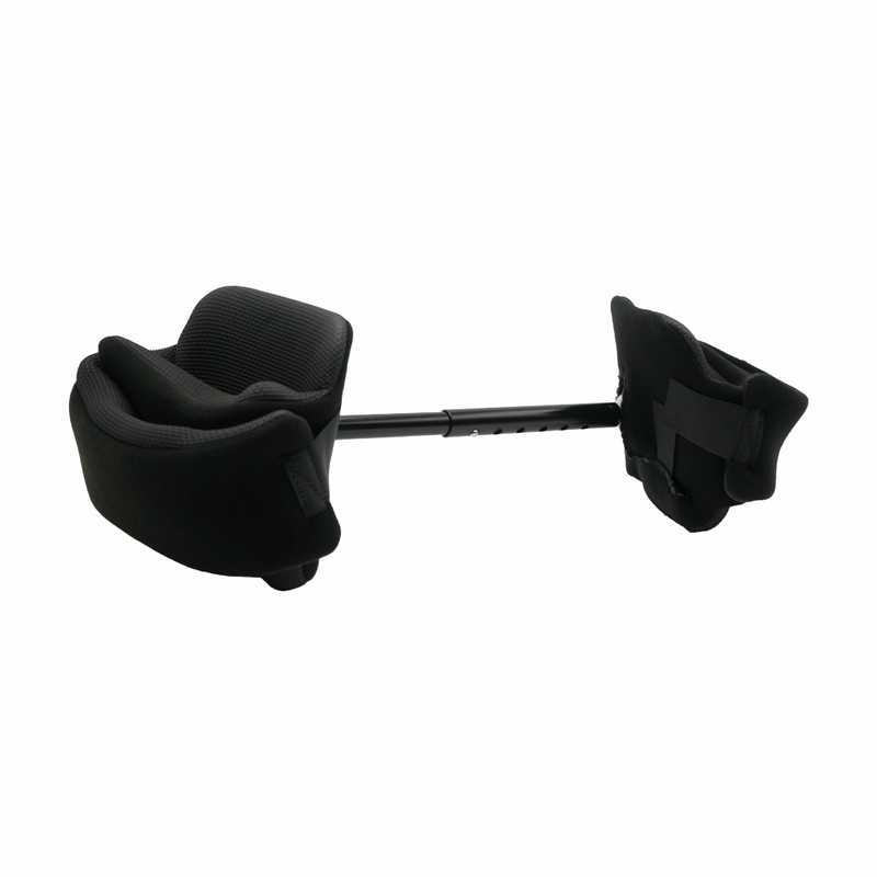 Black pediatric abduction bar with padded cushions and adjustable connecting bar, made in the USA, RCAI, B2B orthopedics.
