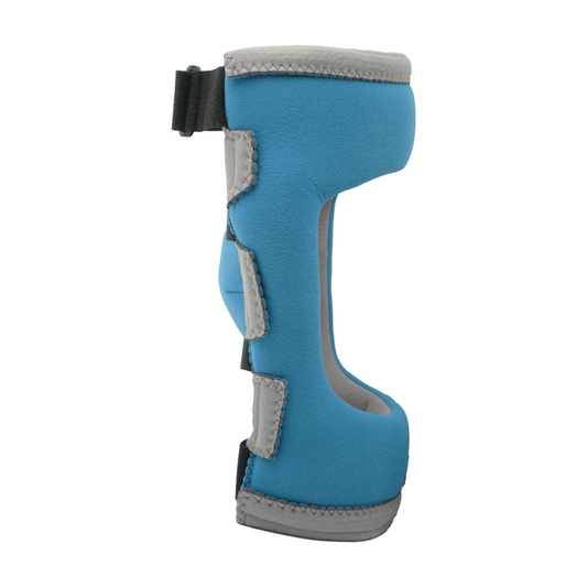 Blue RCAI Premier Knee Orthosis with gray trim and adjustable black straps, made in the USA, best orthopedic braces for B2B.