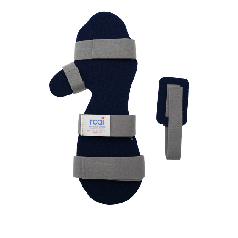 Navy blue resting hand orthosis with gray adjustable straps and rcan label designed for pediatric use, made in the USA, best .