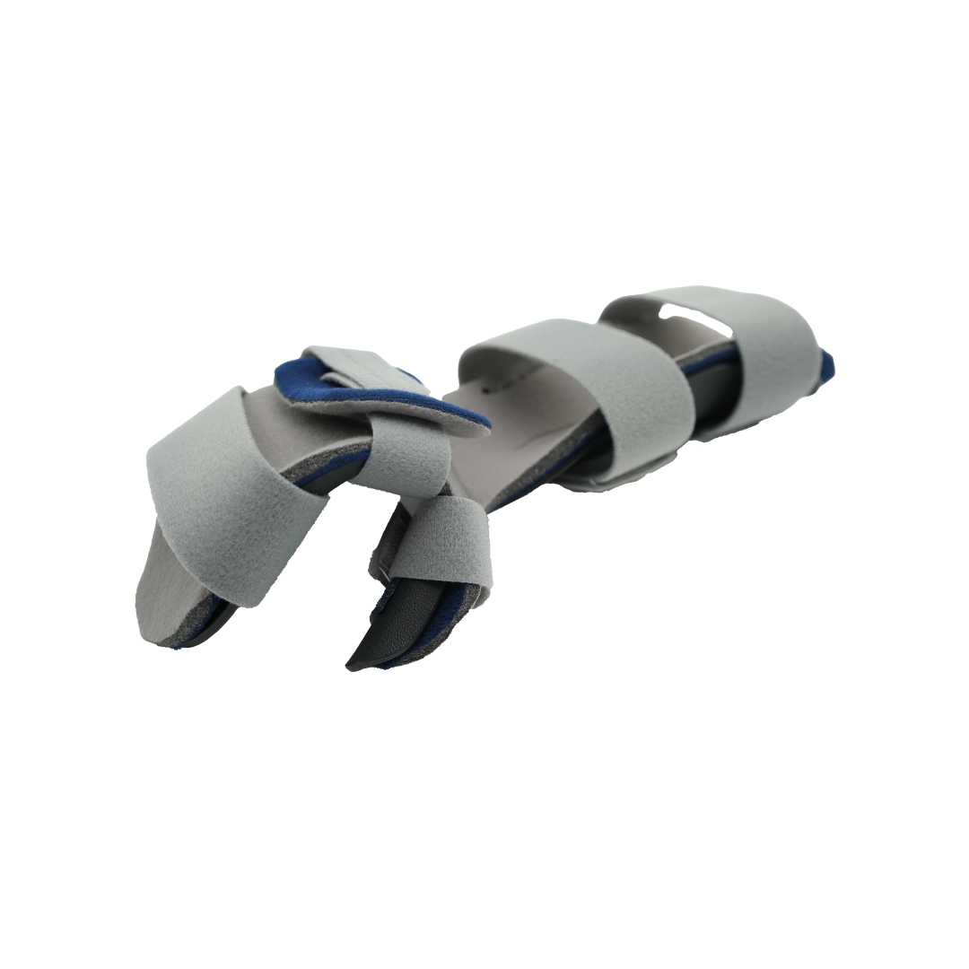 Pediatric resting hand orthosis in gray with blue inner padding, adjustable soft straps, made in the USA, best orttopedic.