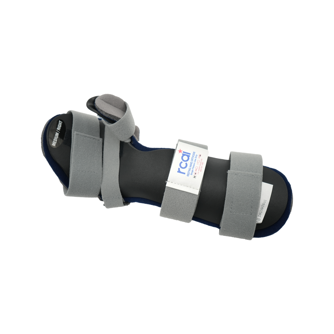 Pediatric resting hand orthosis in gray with blue inner padding, adjustable soft straps, made in the USA, best orttopedic.