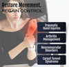Woman wearing adaptable contour hand orthosis on right hand, black strap brace with adjustable closures, promoting support.