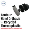 Contour Hand Orthosis in gray recycled thermoplastic with black adjustable straps, made in the USA, featuring the rcai logo.