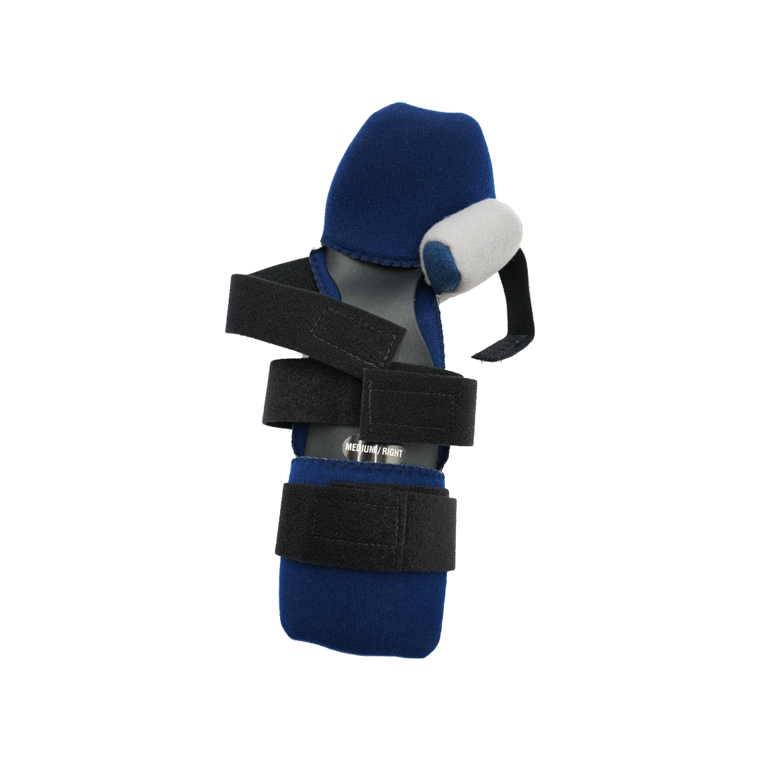 Blue and gray RCAI geriatric hand orthosis with black adjustable straps, designed for wrist and thumb support, made in the.