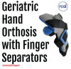 RCAI geriatric hand orthosis with blue finger separators, black and gray adjustable straps, made in the USA, best orthopedic .