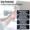 Geriatric hand orthosis with white finger separators on left hand, promoting stroke recovery, arthritis relief, and muscle.