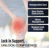 Person wearing Respond ROM BKA rigid dressing on knee with highlighted red pain area; text emphasizes postoperative care,.