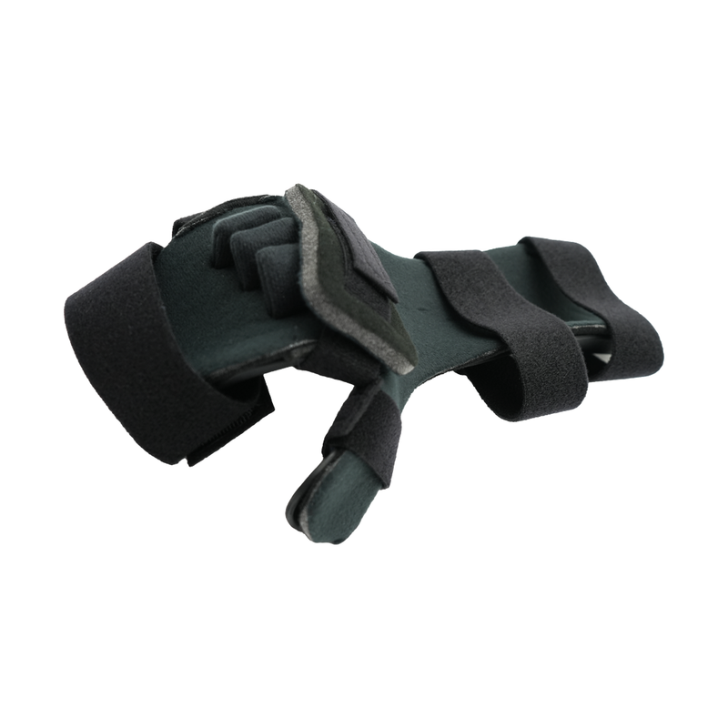 Neutral thumb resting hand orthosis in dark gray with adjustable black straps and finger separators, made in the USA, rcai,.
