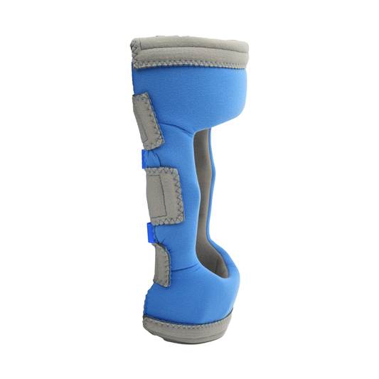 Blue Respond ROM Knee brace with adjustable gray straps, contoured shape, made in the USA, rcai, b2b ortropedics wholesale,.