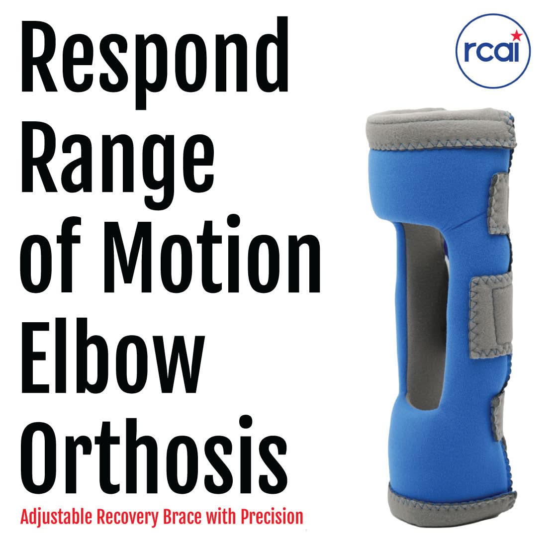 Blue RCAI Respond ROM Elbow Orthosis with adjustable gray straps, black hinge for precision control, made in the USA, top.