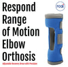 Blue and gray padded elbow orthosis with adjustable straps, branded rcai, made in the usa, designed for precision control,.