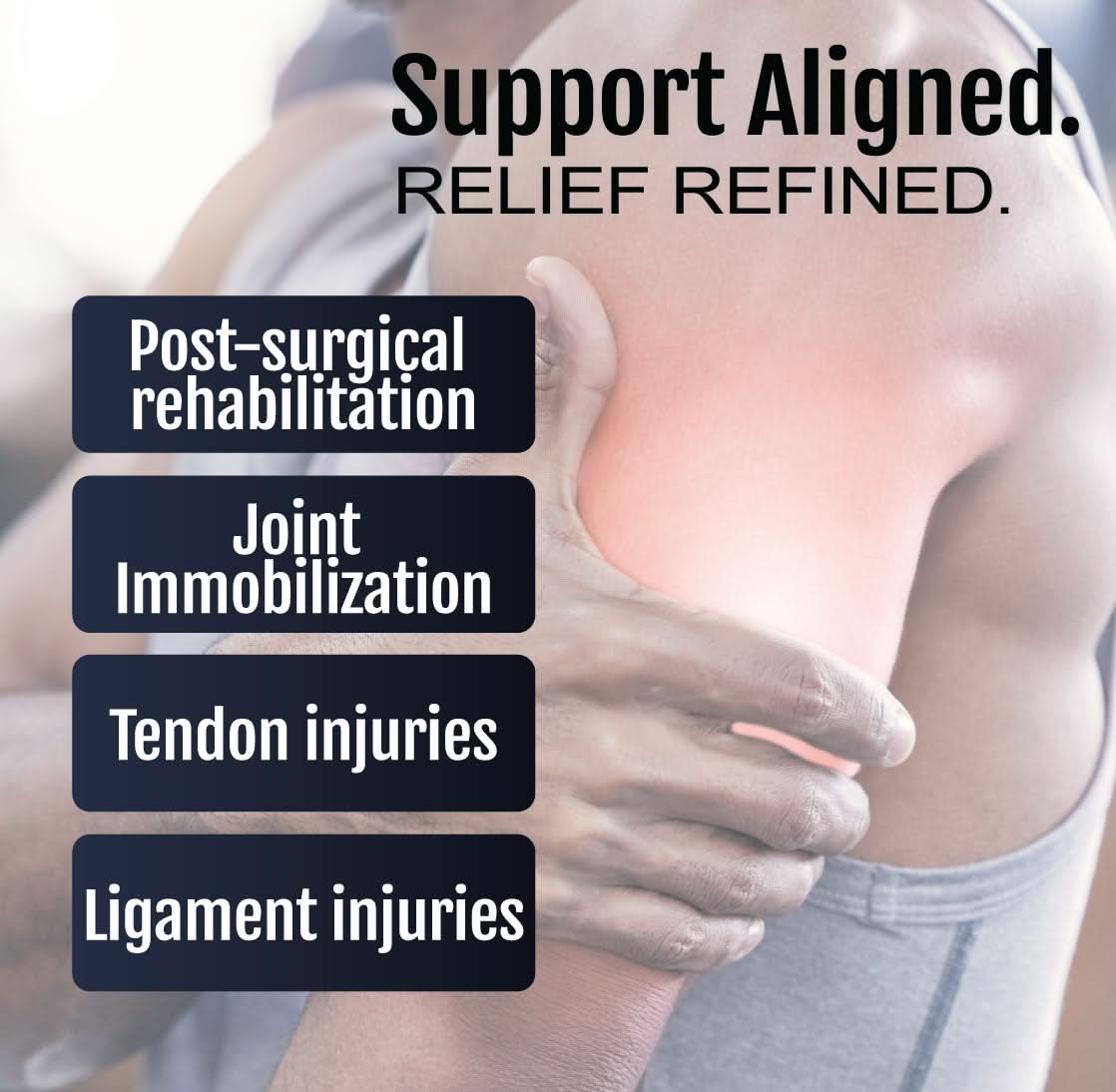 Adjustable RCAI Respond ROM elbow orthosis in black and gray fabric, worn on left arm for joint immobilization and.