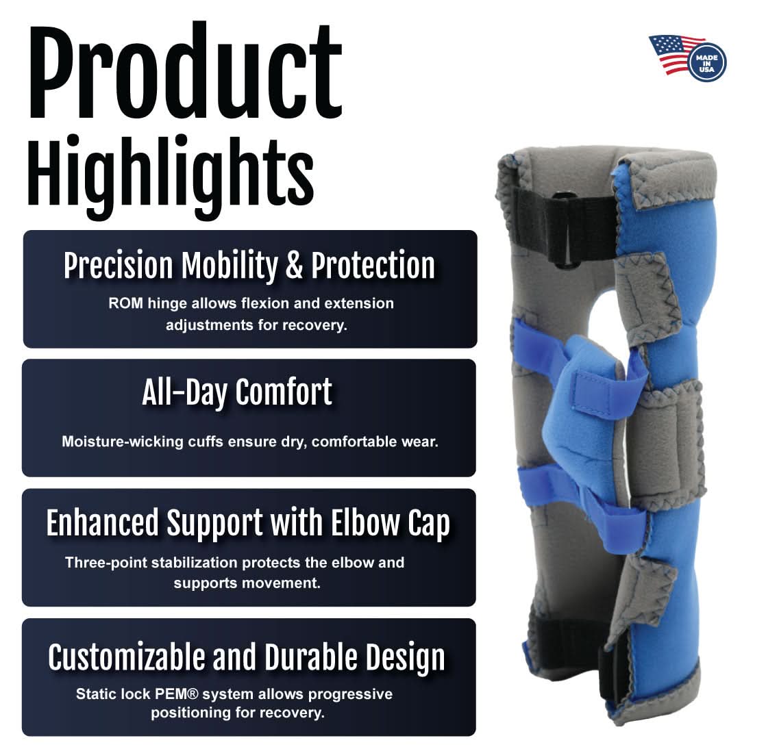 Adjustable RCAI Respond ROM elbow orthosis in black and blue with gray straps, made in the USA, designed for precision.