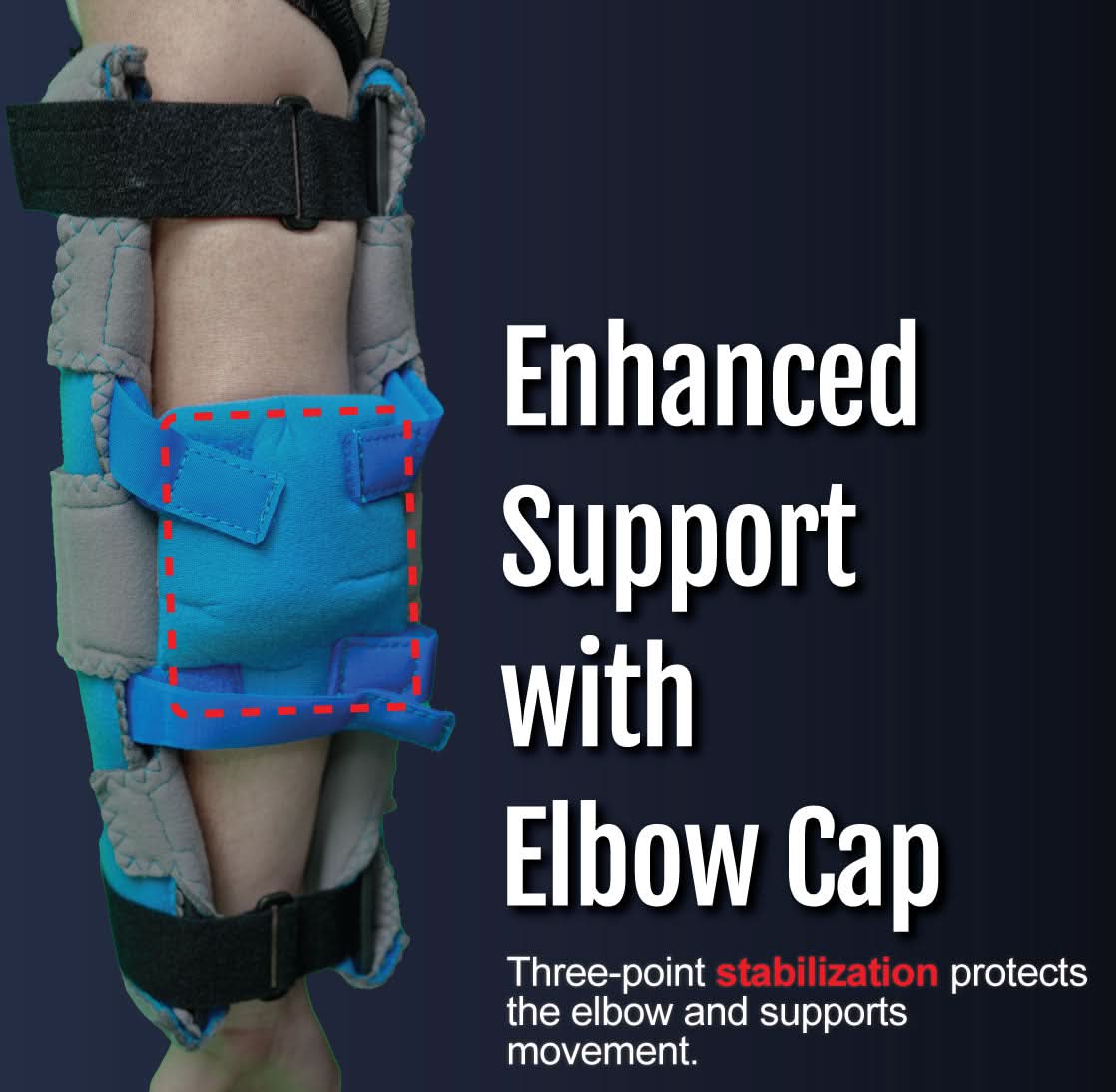 Adjustable RCAI Respond ROM elbow orthosis with blue elbow cap and black straps, made in the USA, best orthopedic braces for .