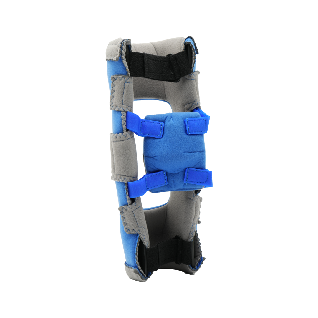Adjustable blue and gray RCAI Respond ROM Elbow Orthosis brace with padded straps, made in the USA, ideal for b2b.