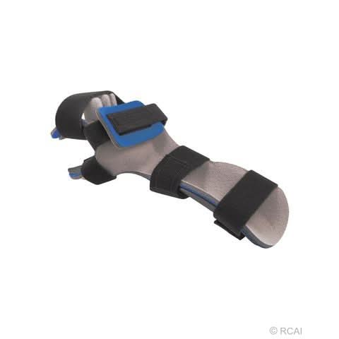 Grey resting hand orthosis with black finger separators and adjustable blue and black straps, made in the USA, designed for.