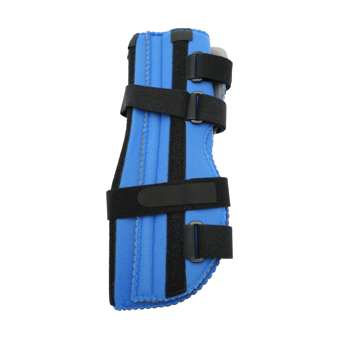Blue pediatric knee immobilizer brace with black adjustable straps and reinforced stitching, made in the USA, RCAI, best.