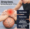 RCAI single panel knee immobilizer worn on bent knee with basketball, black fabric strap, breathable padding, made in the.