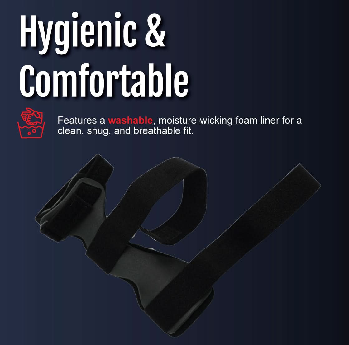 Black RCAI wrist drop orthosis with three adjustable Velcro straps for secure fit, made in the USA, best orthopedic braces.