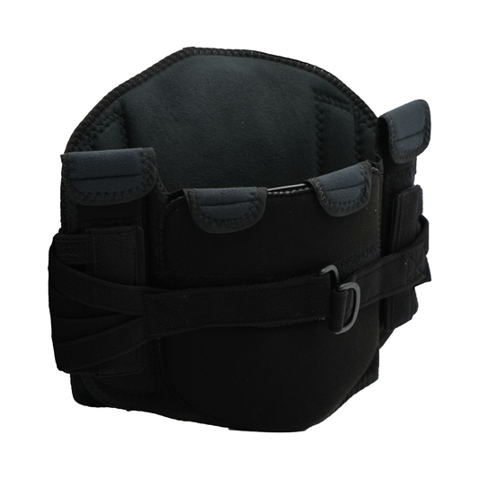 Black RCAI LSO Short Front orthopedic brace with adjustable straps, padded design, and hook-and-loop closures, made in the.