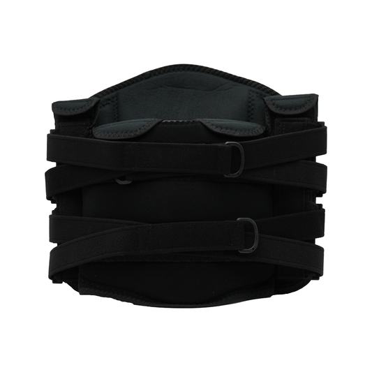 Black adjustable lumbar support brace with wide Velcro straps and contoured padding, made in the USA, RCAI, best orthopedic.