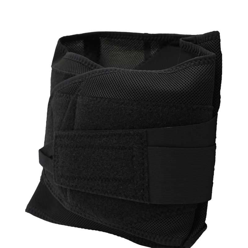 Black Control Fit LSO lumbar support brace with adjustable Velcro straps, breathable mesh fabric, and reinforced stitching,.