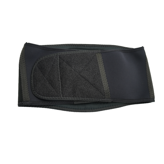 Black lumbar sacral orthosis with wide adjustable Velcro straps, padded for comfort, branded as RCAI, made in the USA, ideal .
