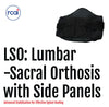 Black lumbar sacral support brace with adjustable side panels and wide straps, made in the USA, rcai, b2b orthopedics.