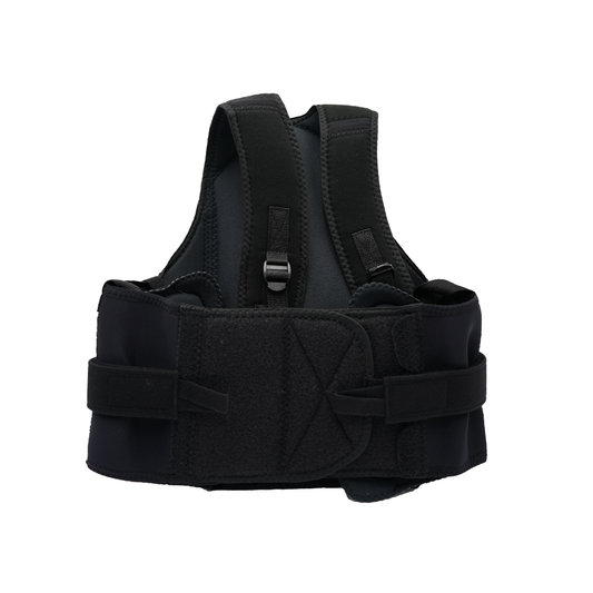 Black Thoracic Lumbar Support with padded side panels, adjustable straps, breathable fabric, made in the USA, RCAI.