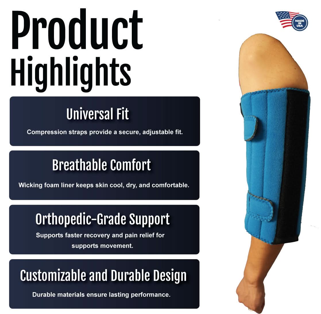Blue pediatric elbow stabilizer with adjustable compression straps and breathable fabric, made in the USA, RCAI, best.