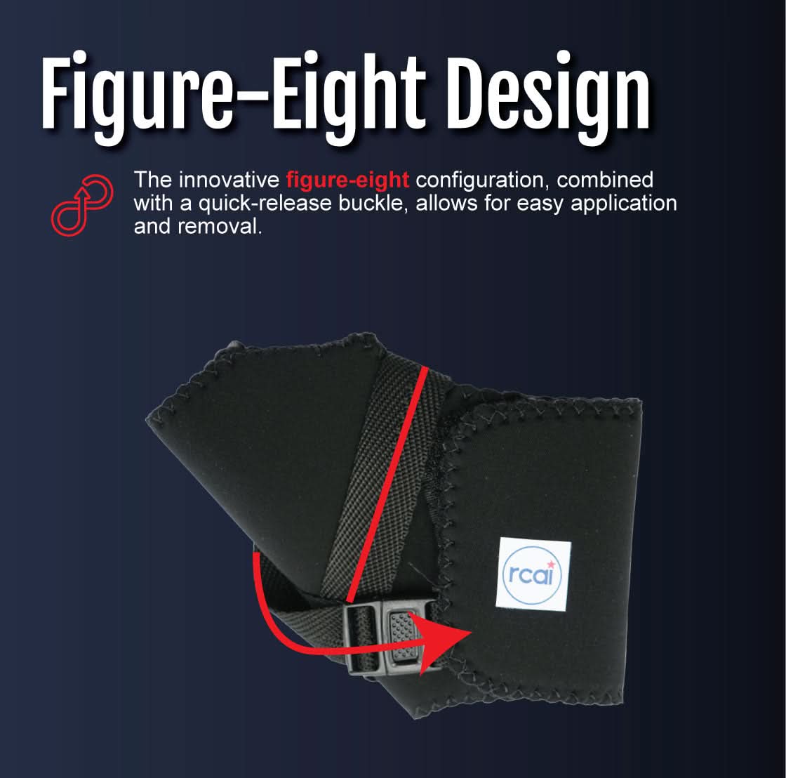 Black Wrap Around CMC Thumb Support with figure-eight design, red strap, quick-release buckle, made in the USA, rcai, best.