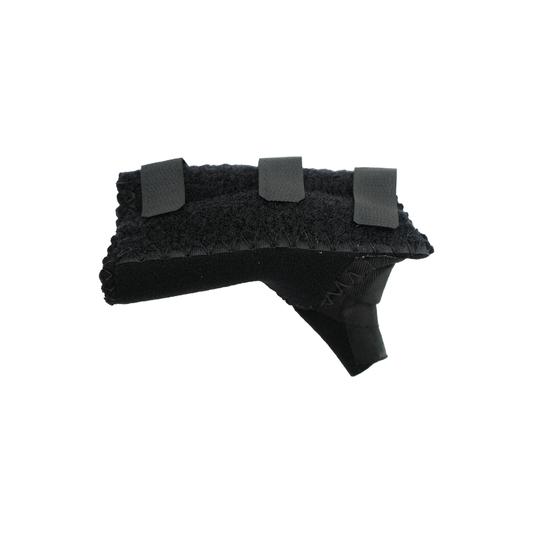 Black pediatric wrist thumb support brace with three adjustable Velcro straps, contoured for right hand, made in the USA,.