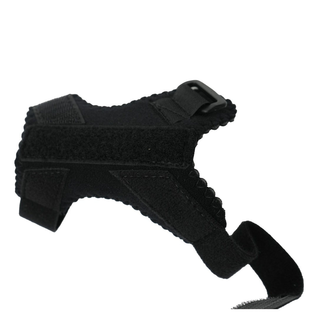 Black pediatric universal thumb support brace with adjustable straps and hook-and-loop fasteners, made in the USA, RCAI,.