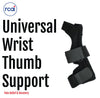 Black Universal Wrist Thumb Support brace with adjustable Velcro straps, branded with RCAI logo, made in the USA, ideal for.