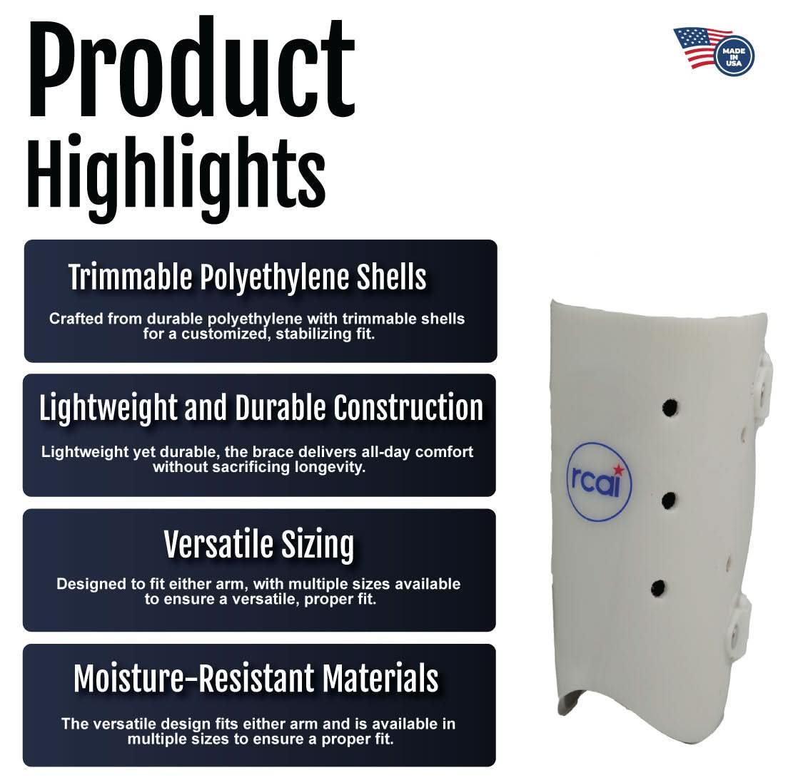 White humeral fracture brace with adjustable trimmable polyethylene shells, moisture-resistant materials, and versatile.