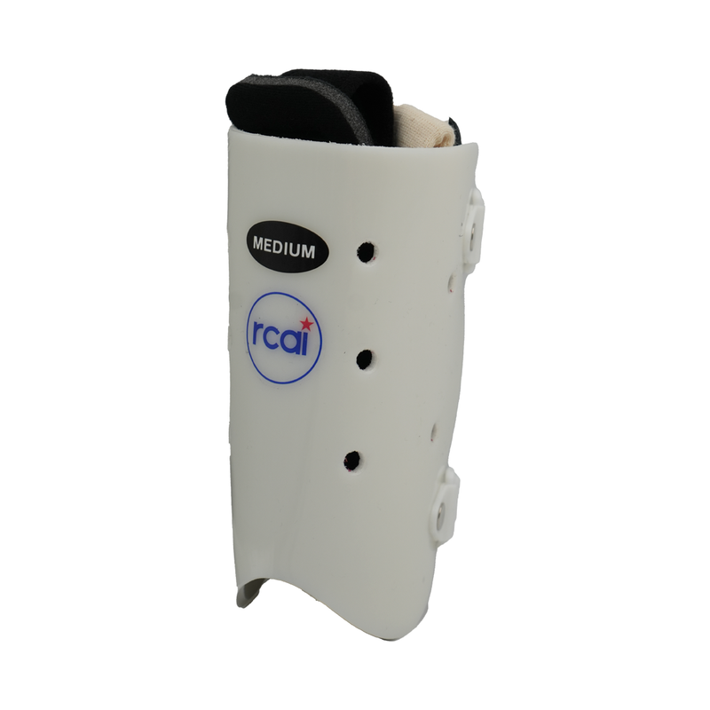 White rigid humeral fracture brace with ventilation holes, medium size label, black padded interior, featuring RCAI logo,.