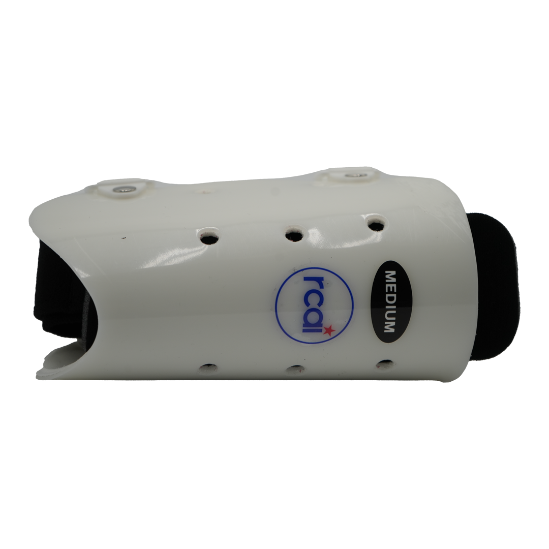 White medium-sized humeral fracture brace with ventilation holes, black straps, and blue RCAI logo, made in the USA, best.