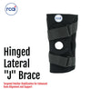 Black hinged lateral "J" knee brace with open patella, dual adjustable straps, made in the USA, RCAI logo, best orthopedic.